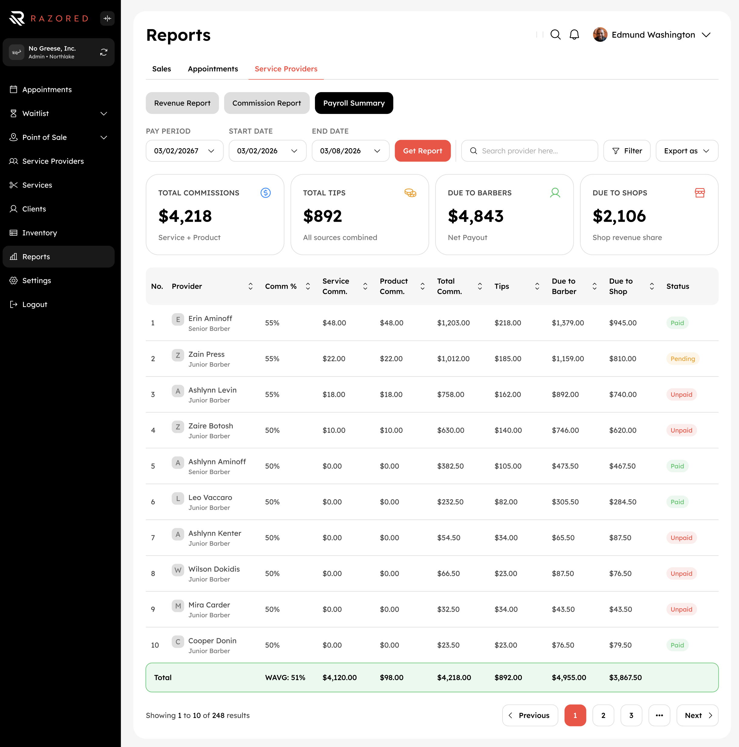 Provider payouts dashboard