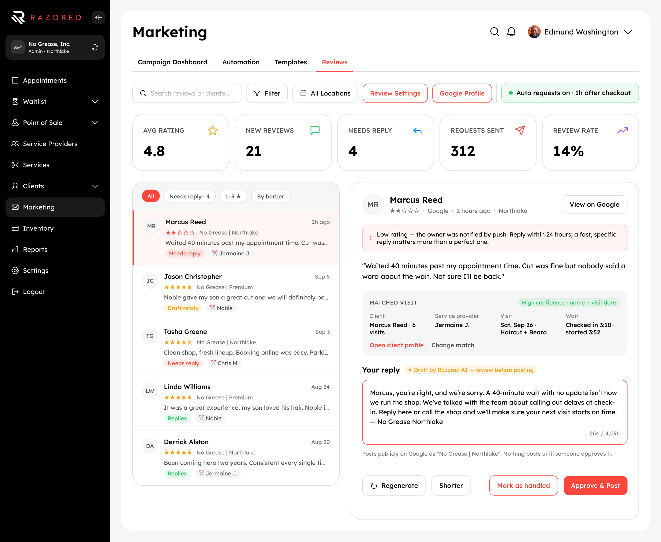 Razored Reviews inbox with AI-drafted reply